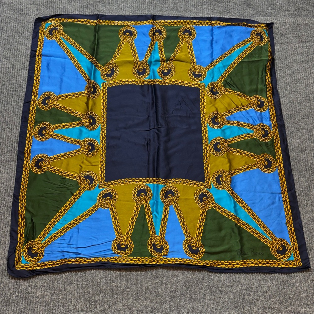 VTG Paloma Picasso Made Italy Silk Scarf Large Blue Green Gold Chain Link Square